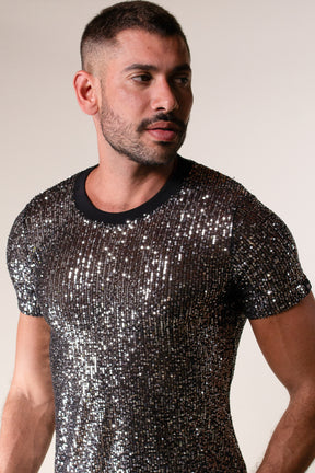 Camiseta Masculina em Paetê Prata