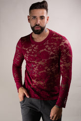 Blusa Masculina Jotavê Manga Longa em Renda Floral Bordô