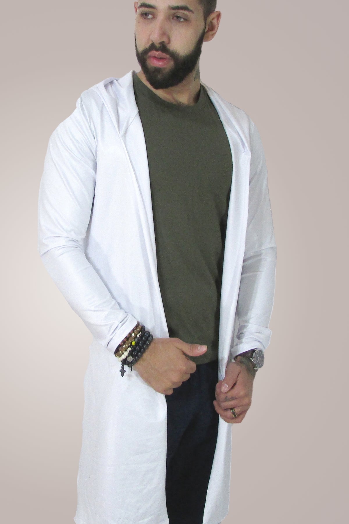 Cardigan Masculino Longline em Cirrê Branco