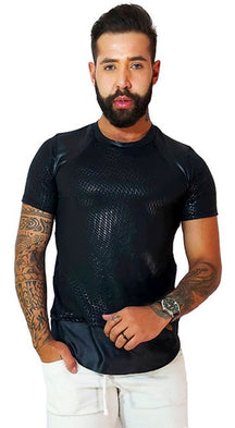 Camiseta Masculina em Cirrê Estampado Barra Redonda