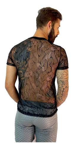 Camiseta Masculina Transparente em Tule Estampado Ateliê João Vieira | JotaVê