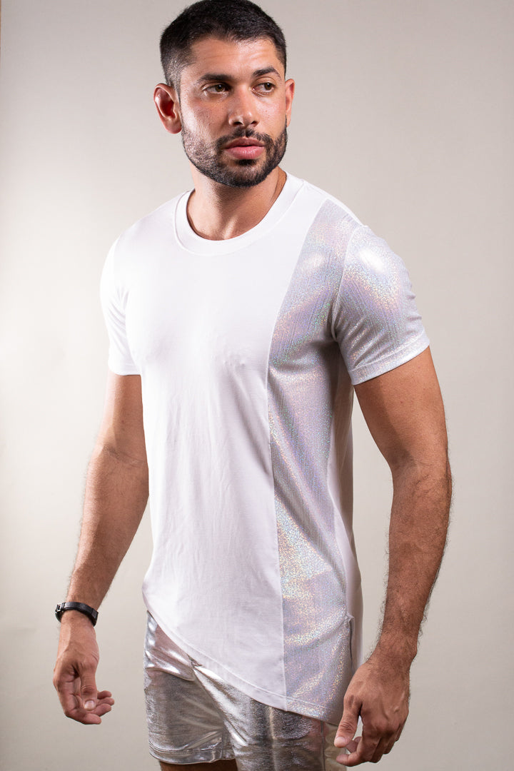 Camiseta Masculina Transversal Longline Branca Ateliê João Vieira | JotaVê