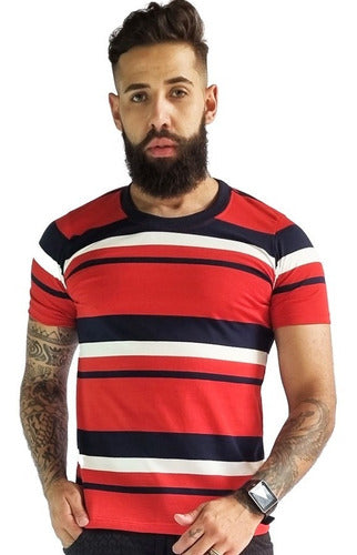 Camisetas Masculinas Listrada em 100% Algodão Vermelho Ateliê João Vieira | JotaVê