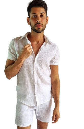 Conjunto Masculino Camisa e Short em Linho e Viscose Branco Ateliê João Vieira | JotaVê