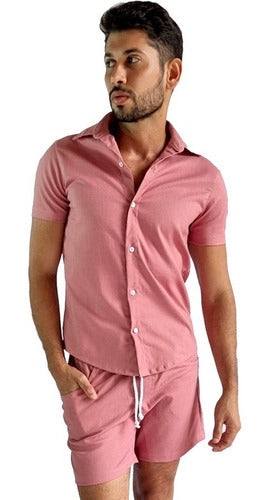 Conjunto Masculino Camisa e Short em Linho e Viscose Rosa Ateliê João Vieira | JotaVê